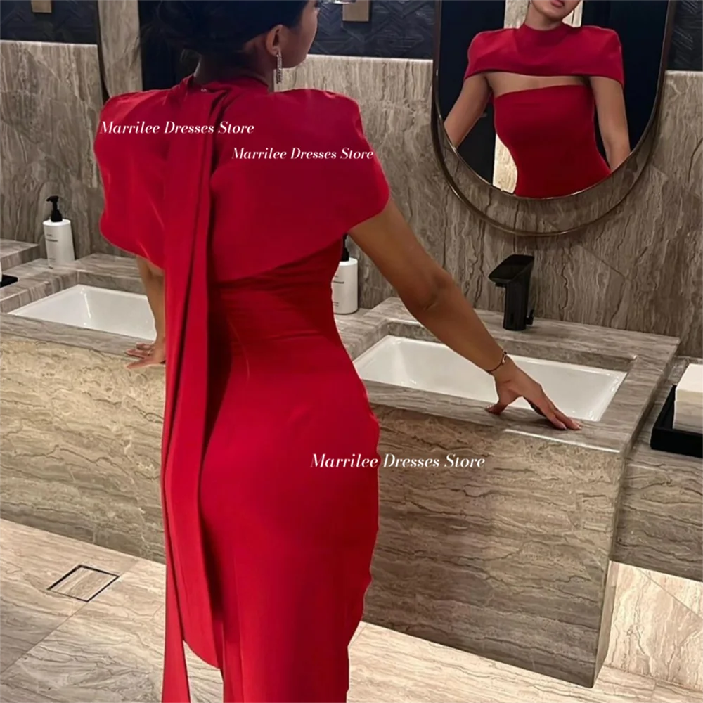 Marrilee Sexy Red Mermaid Cape Strapless Stain Evening Dress Charming Ankle Length O-Neck Elegant Prom Gowns Saudi Arabia فساتين