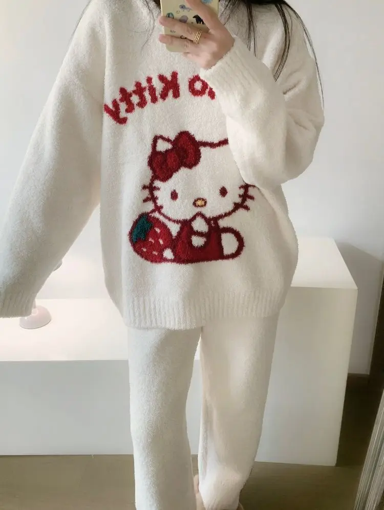 Hello Kitty-Conjunto de pijama de punto de felpa con dibujos animados Kawaii para mujer, ropa de descanso para el hogar, cálida, gruesa y acogedora, para otoño e invierno, 2025