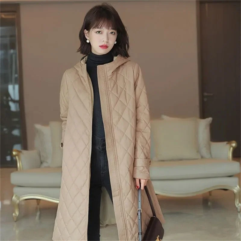 Abrigo elegante a cuadros con capucha para mujer, Parka larga, versátil, delgada, de algodón, Color sólido, a la moda, Otoño e Invierno