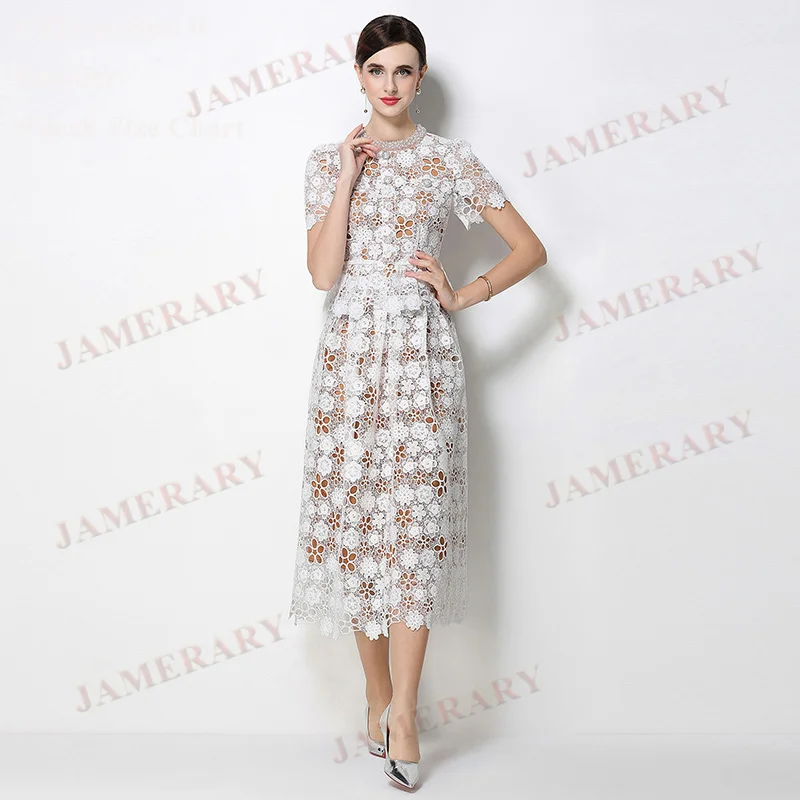 

Light Luxury Pearl Long Dresses Two Piece Set Women Short Sleeve Hollow Out Embroidery Lace Suit 2pcs Outfit Formal Evening Robe