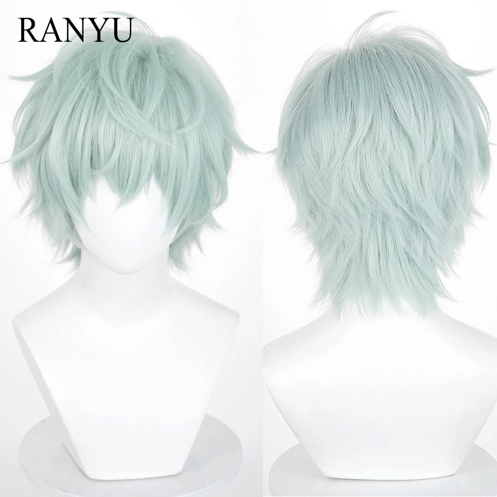 

Synthetic Short Curly Mint Green Layered Wigs with Bangs For Man Daily Cosplay Anime Game Party Fluffy Wig