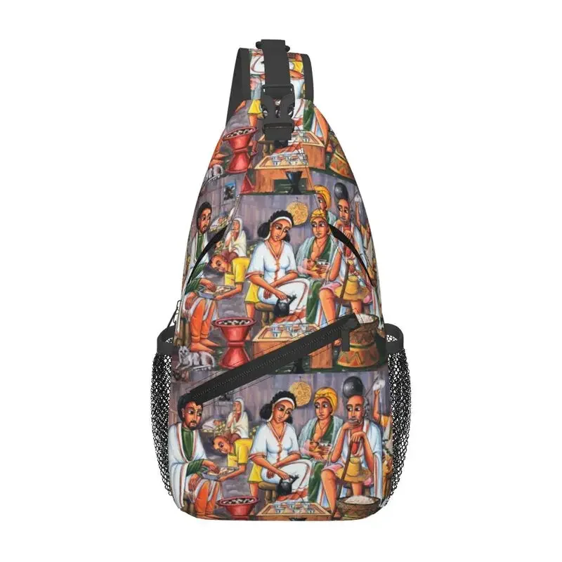 Custom Ethiopian Coffee Ceremony Sling Crossbody Backpack Men Chest Shoulder Bag for Travel Hiking Daypack