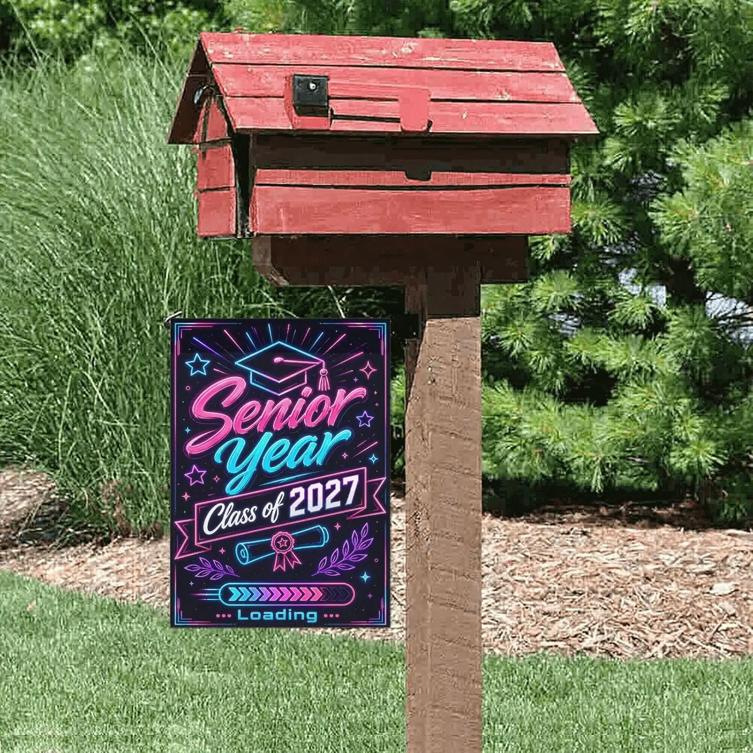 Class of 2027 Garden Flag | Graduation Yard Decor for Senior Year , Modern Neon Graduation Decoration for Front Porch Lawn a uui