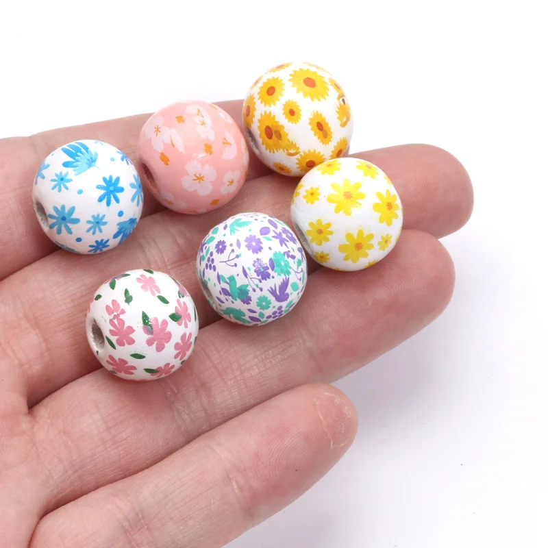 Multicolor Flower Pattern 16mm 10pcs Wooden Round Balls Spacer Beads For Jewelry Making DIY Handmade Decoration Pen Accessories