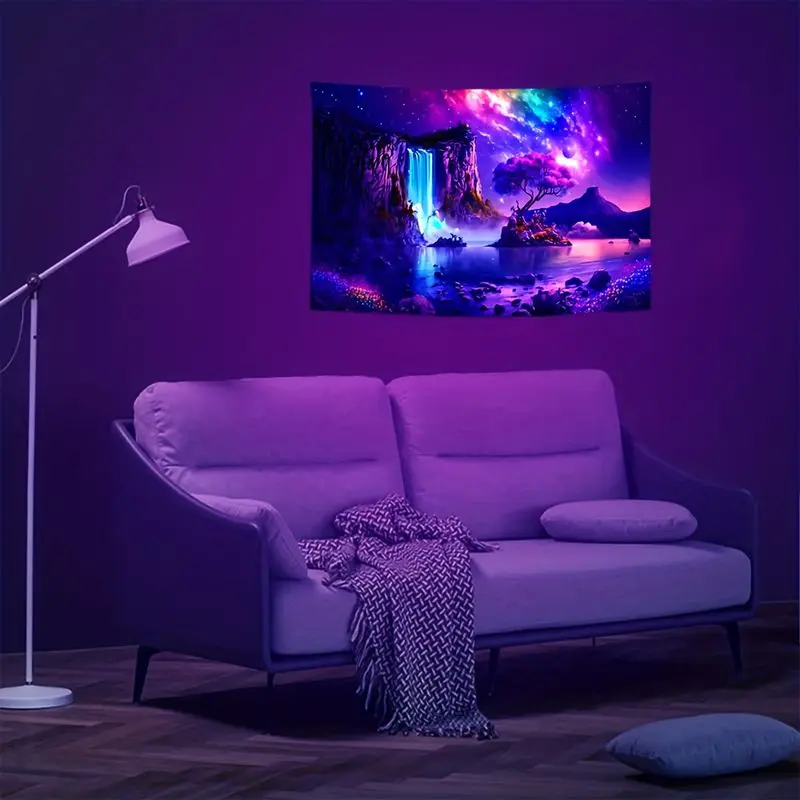 VIKAMA Purple Fantasy Galaxy Waterfall Pink Flower Tree Tapestry, Scenic Wall Hanging for Bedroom Living Room