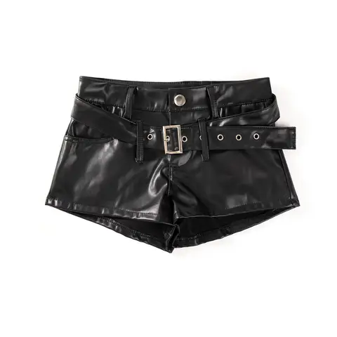 Autumn New Women's Faux Leather Booty Shorts with Belt Sexy Low Waist Nightclub High Waist Super Shorts