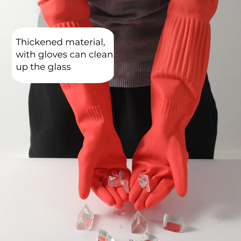 1 Pair Red/Yellow 45cm Long Latex Dishwashing Gloves Thick And Wear-resistant Material Oxford Thicker And Longer Rubber Gloves