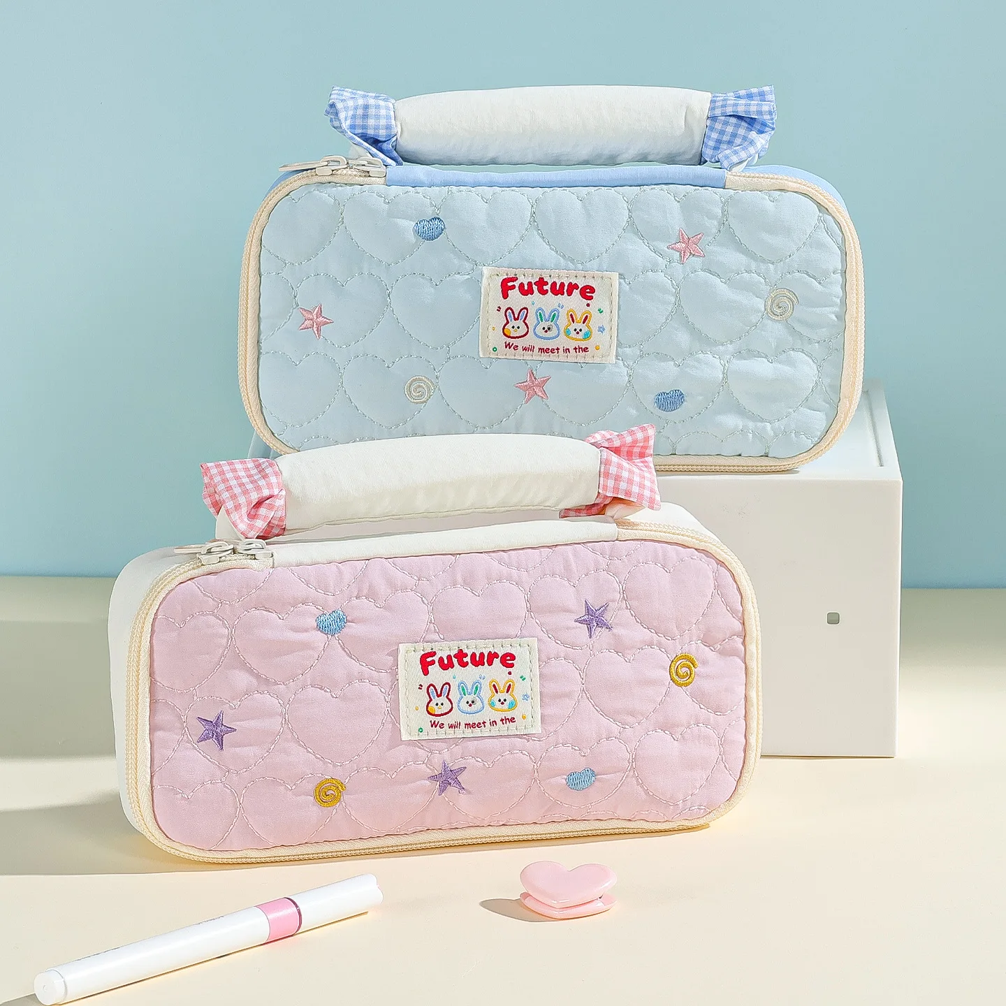Kawaii Quilted Heart Pencil Case Rabbit Star Embroidery Handheld Large Capacity Pen Bag for Teen Girls Back To School Supplies