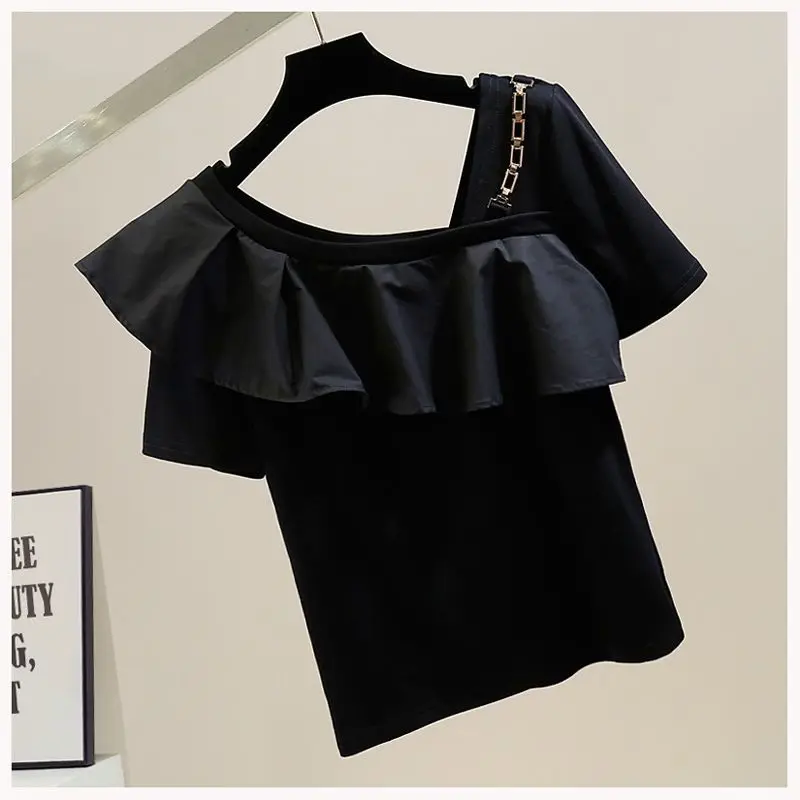 

Summer Fashion Trend Women's T-shirt Short Sleeved Solid Patchwork Metal Chain Korean Simple Slanted Neck Loose Ruffles New Top