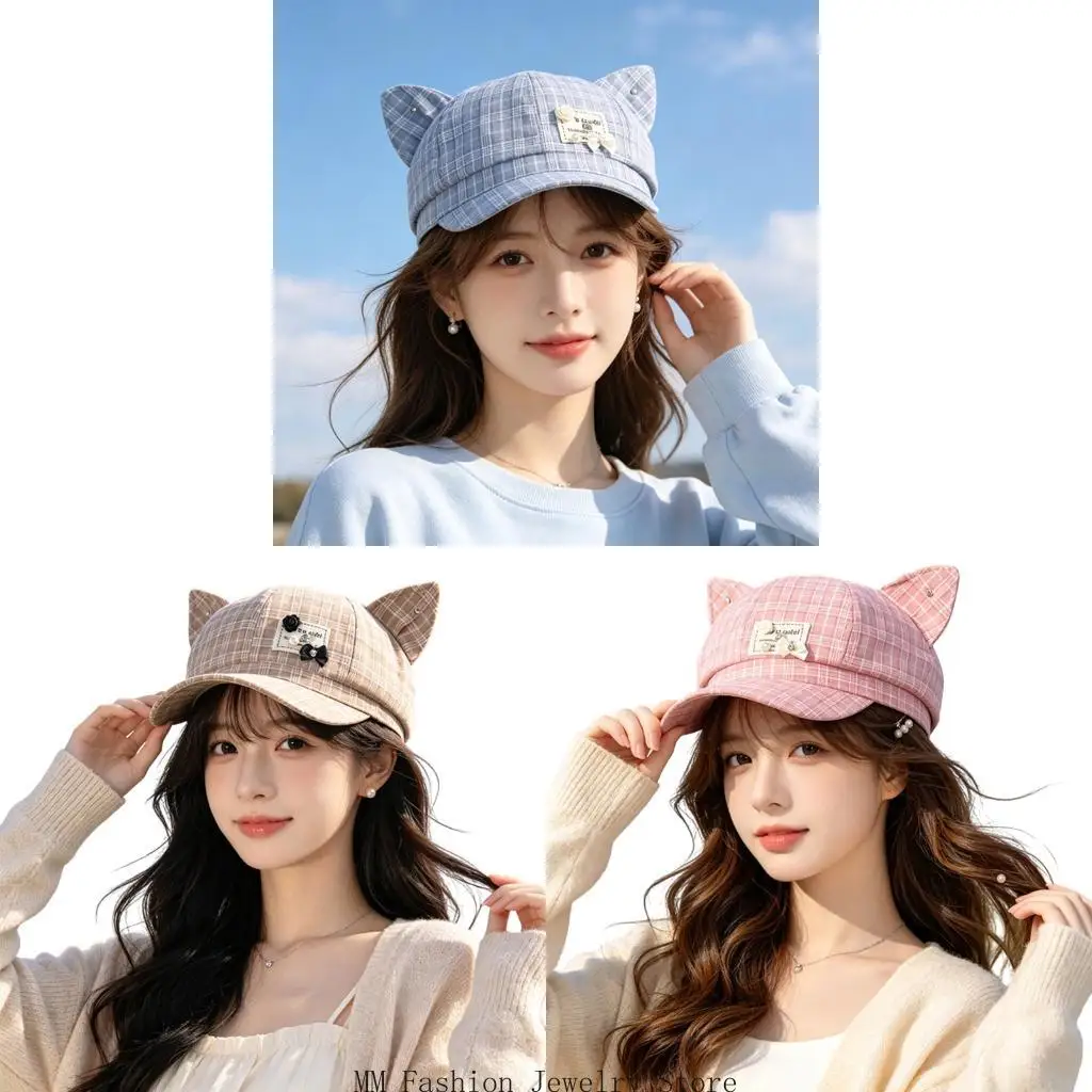Polyester Ear Hat with Full Check Pattern and Front Bill, Whimsical Cap for Casual Outfits, Travel and Daily Walks D0UB