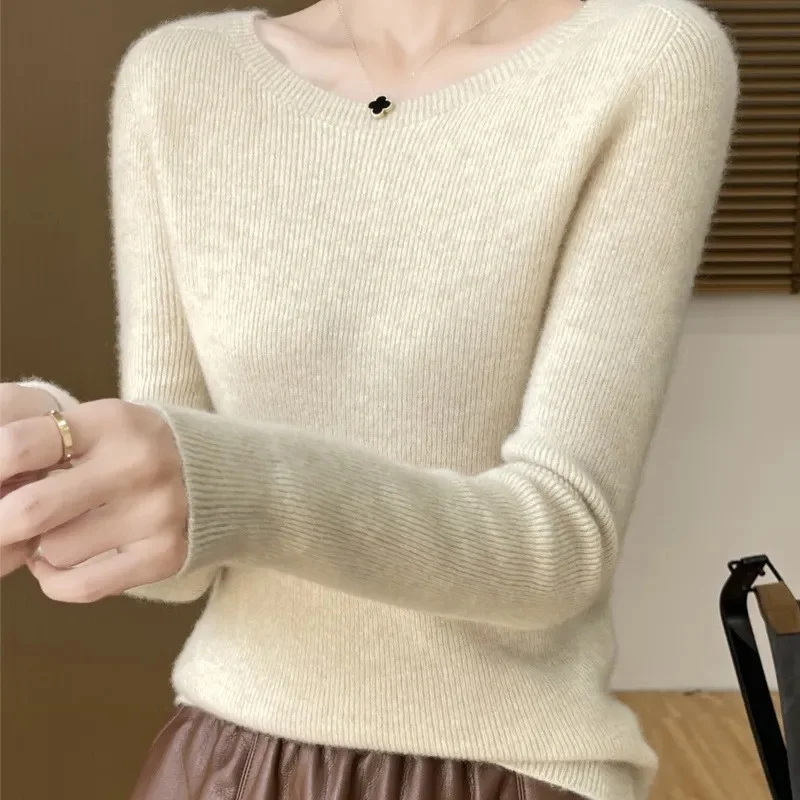 가을 겨울 여성 100% 메리노 울 스웨터 오목 캐시미어 풀오버 기본 패션 의류 컴포트 웜 탑 캐주얼 솔리드