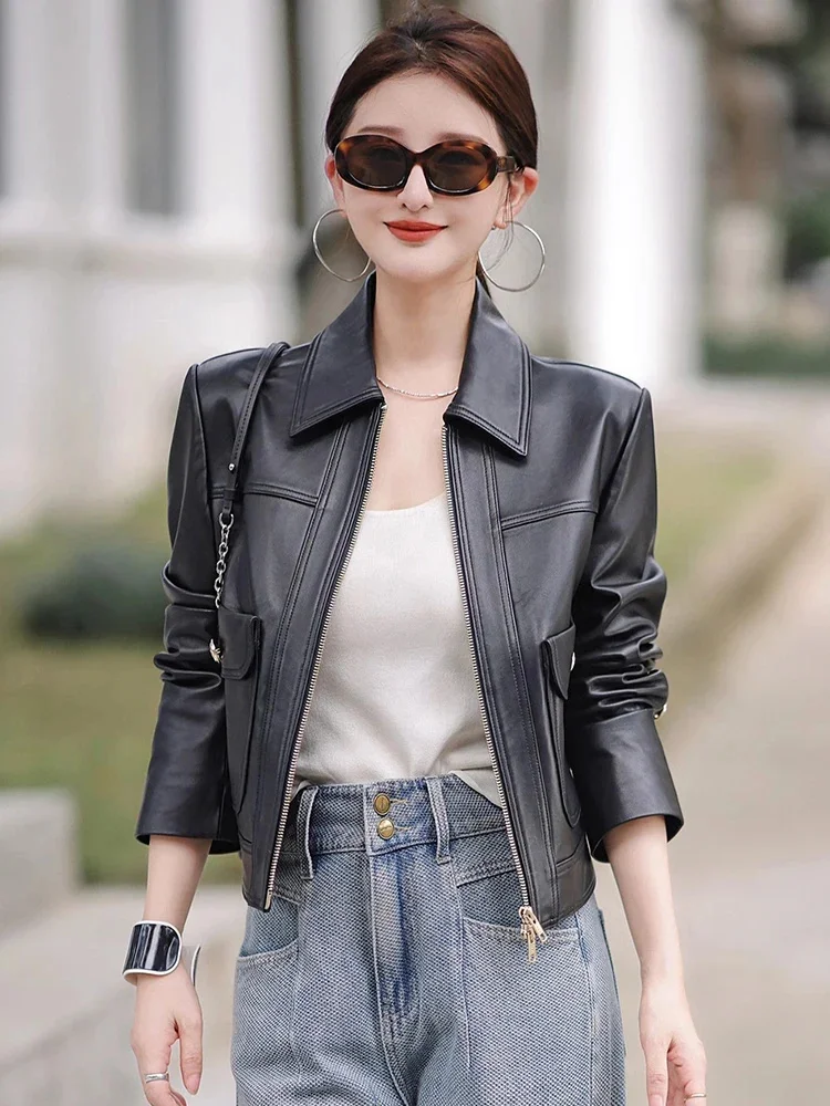 Genuine Cropped Leather Motorcycle Jacket for Women 2024 Trend High-end Simple Vintage Black Real Sheepskin Coat