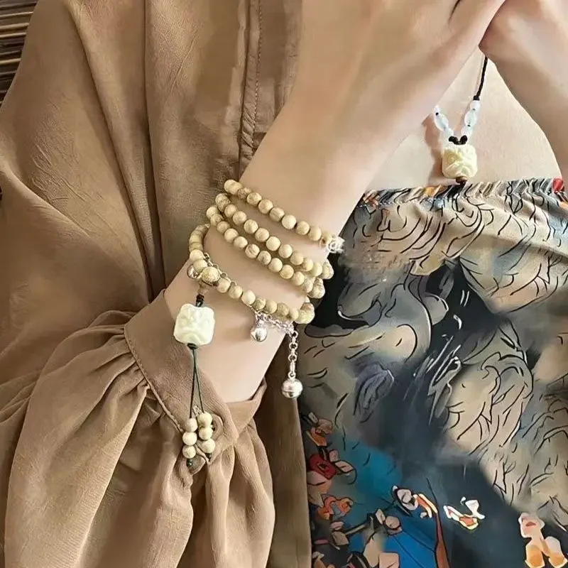 Milk Fragrant Wood Carved Cute Lion Dance Pendant Multi-Circle Bracelet Antique Zen Style Wooden Buddha Bead Hand String for Men