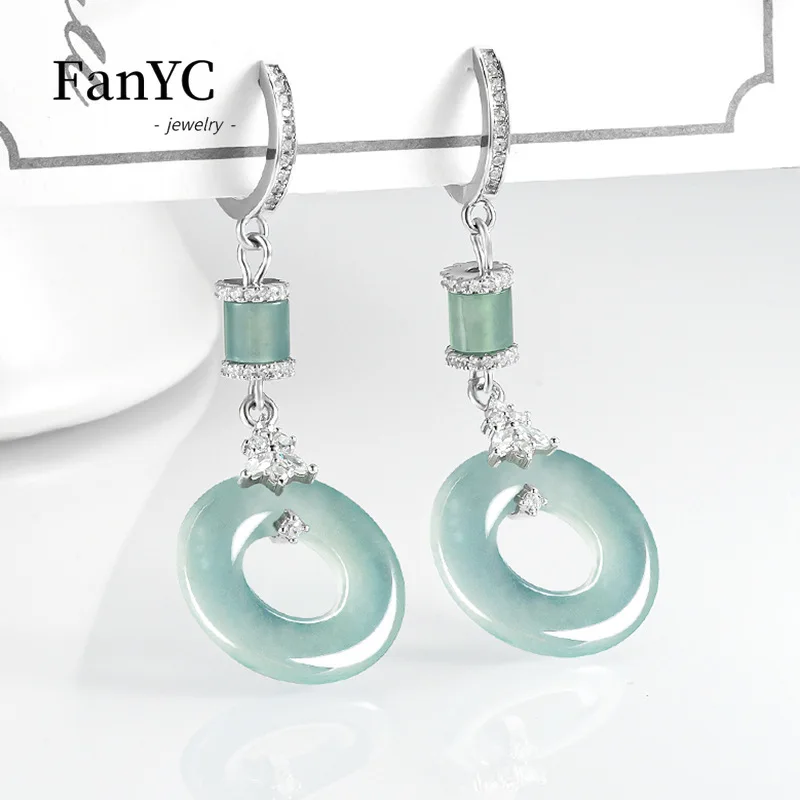 Myanmar A-goods Jadeite Blue Water Jade Ring Earrings S925 Silver Inlaid High-grade Exquisite Ice Jade Earrings Ladies Gift