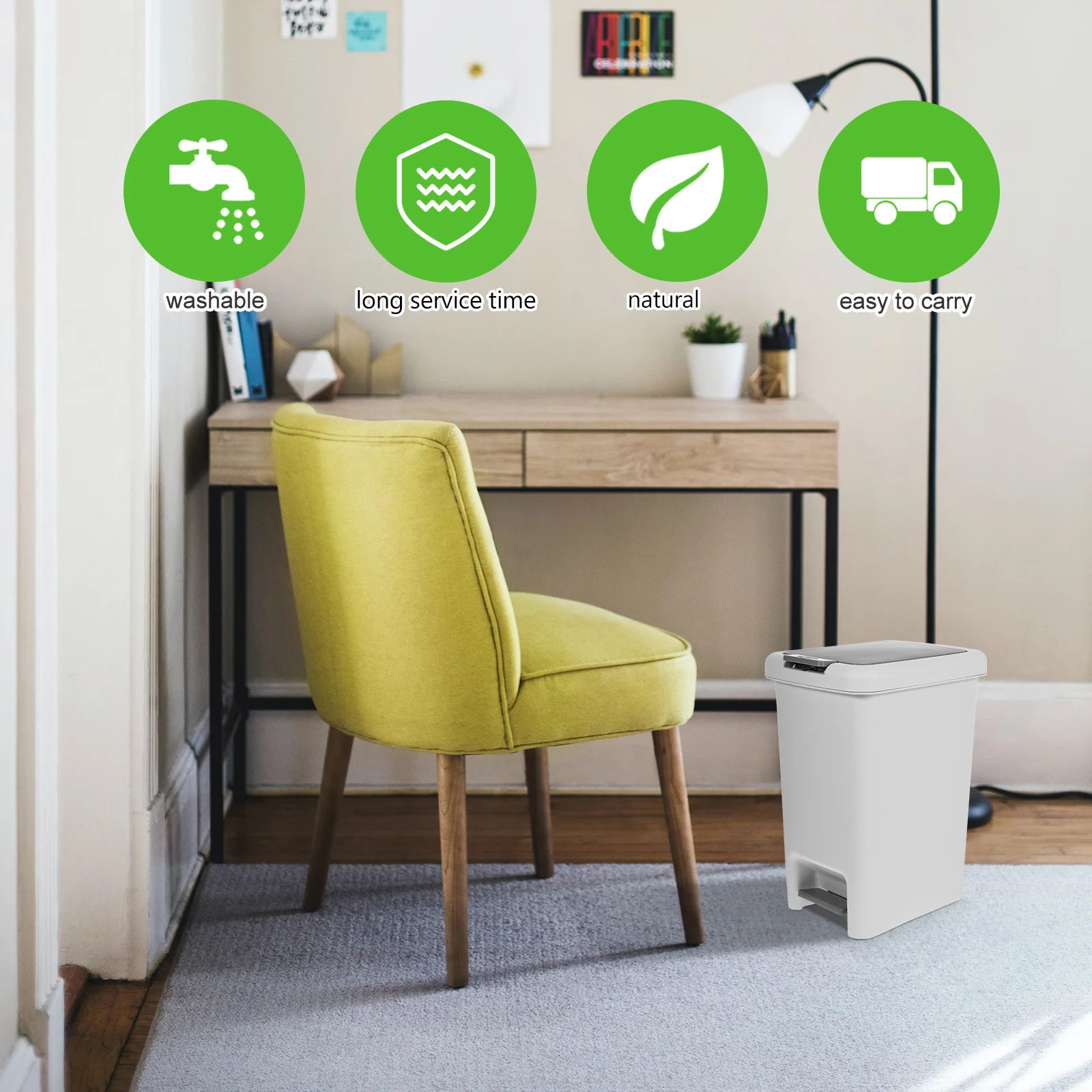 

Lidded Step-on Trash Can Plastic Large Capacity Pedal Waste Container Kitchen Bathroom Office Garbage Bin Slim Design