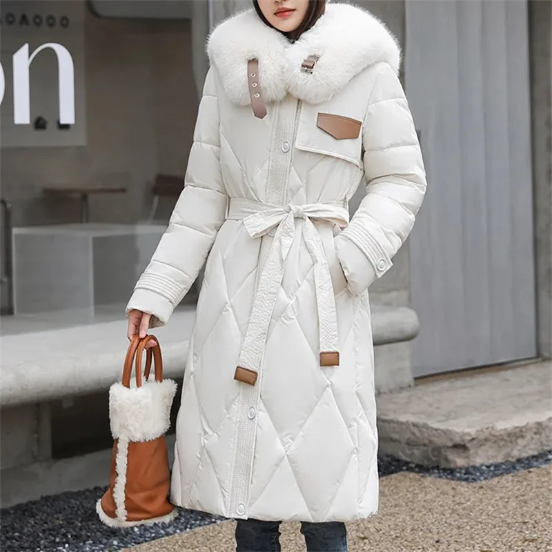 2024 Winter New Korean Fashion Puffer Coat Jacket Loose Parkas Women Fur Stand Collar Down Jacket Long White Duck Parkas Outwear