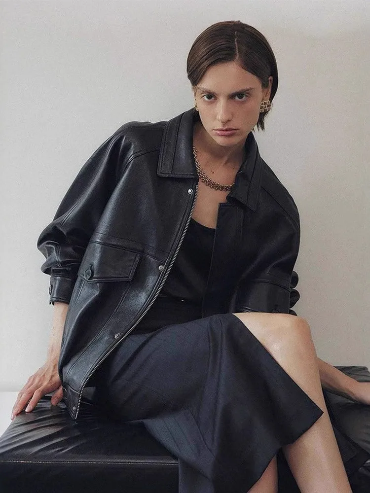 Elborn cor pura gola com zíper couro Jaet feminino outono inverno novo coreano sle commute vintage motocicleta sle leathe...