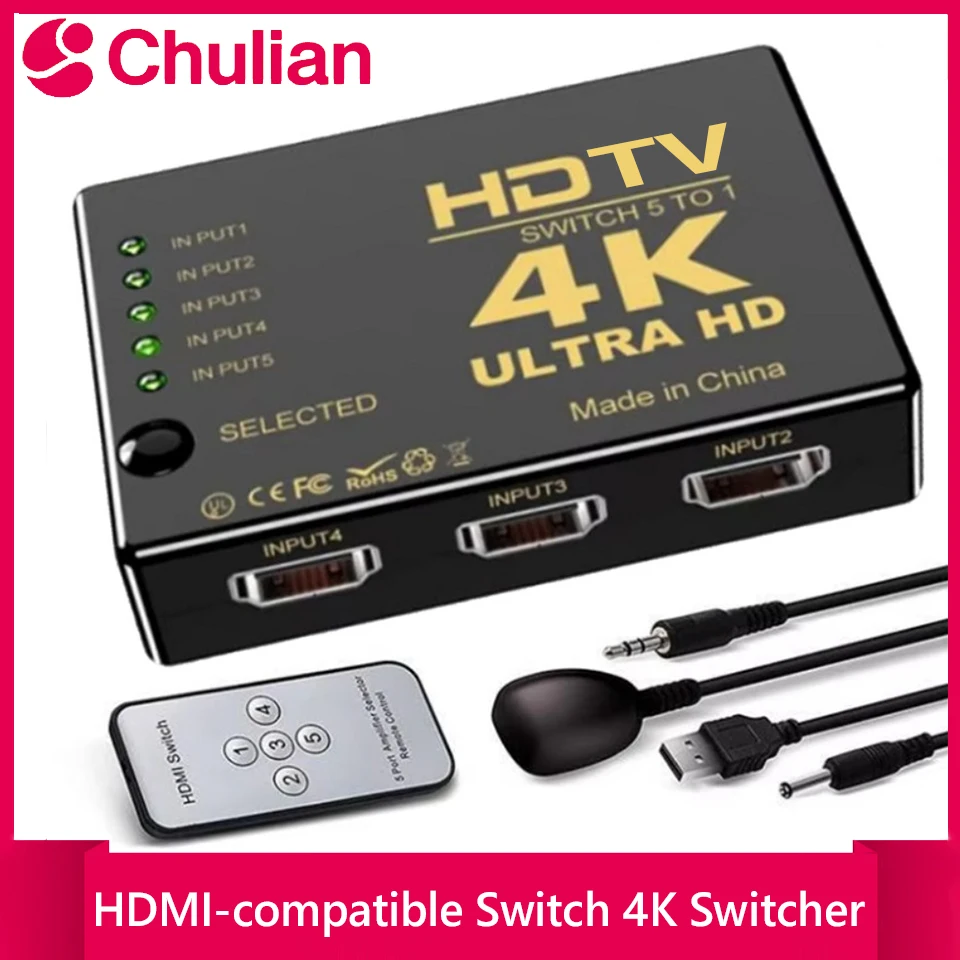 Conmutador de Video 4K Compatible con HDMI de 5 Entradas y 1 Salida con Control Remoto IR, Conmutadores HDTV para Xbox, PS4, DVD, HDTV, PC, Laptop, TV