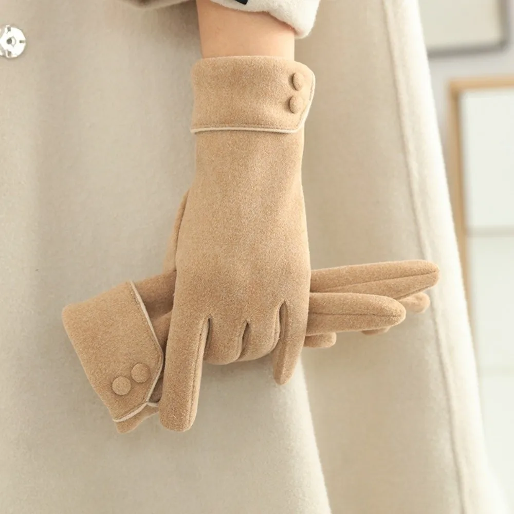 Elegant Button Winter Gloves Touchscreen Full Finger Women Gloves Fleece-Lined Anti Cold Cycling Mittens Driving