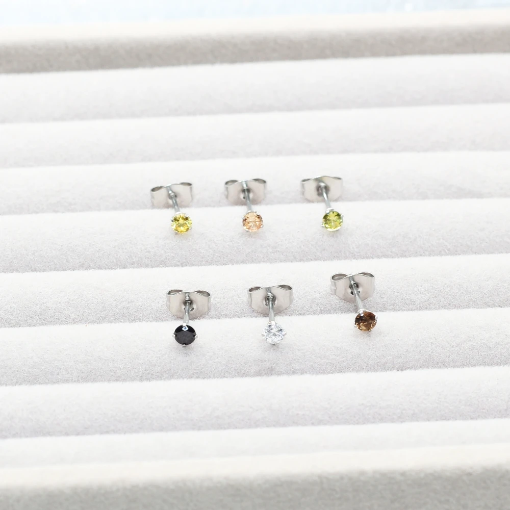

Stainless Steel Women Men Stud Earring 3mm AAA White Black Brown Yellow Round ZirconsIP Plating No Fade Allergy Free