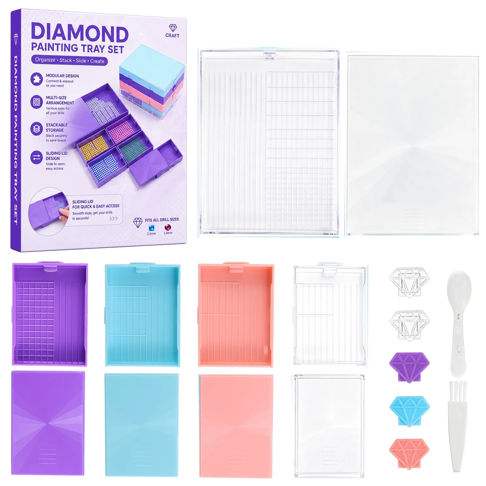 Diamond Painting Drill Organizer Tray, Stackable Sliding Lid Plates, Multi-Grid Design with Spoons and Brushes,for Diamond Art
