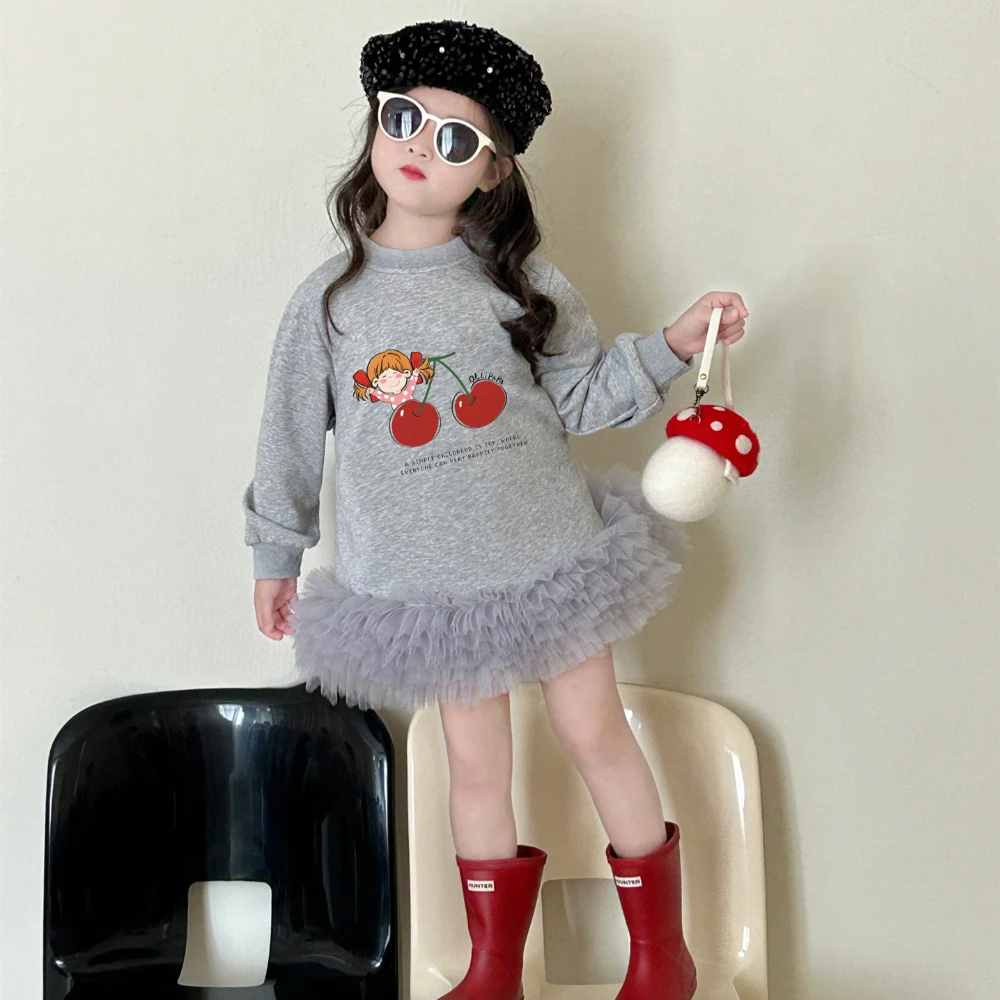 

Baby Girls Splicing Yarn Sweatshirt Kids Hoodies Toddler Cartoon Pullover Skirt 2024 Spring Autumn Children's Fashion Clothing