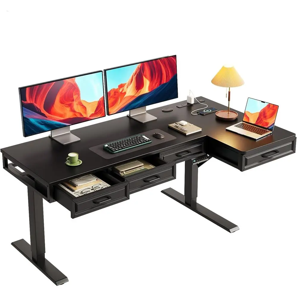 

55 L-Shaped Electric Desk, Wooden Top, Height Adjustable, Power Outlets, Home/Office Use, Black