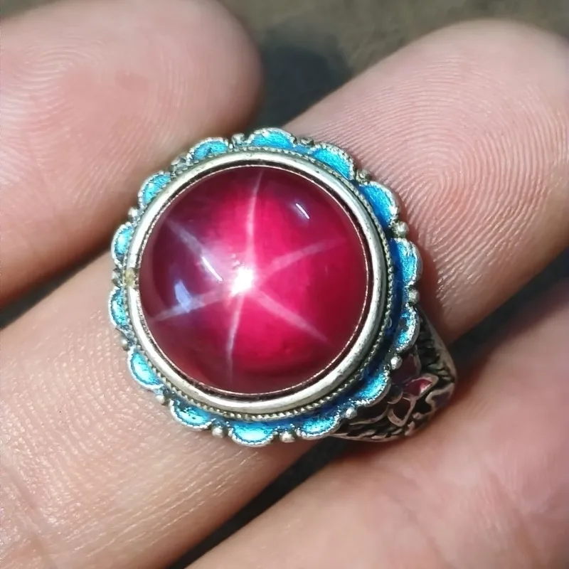 

Tibetan Silver Cloisonne Ring, Inlaid Star Ruby, Retro Ethnic Style, Adjustable Open Band, Unisex Vintage Finger Jewelry