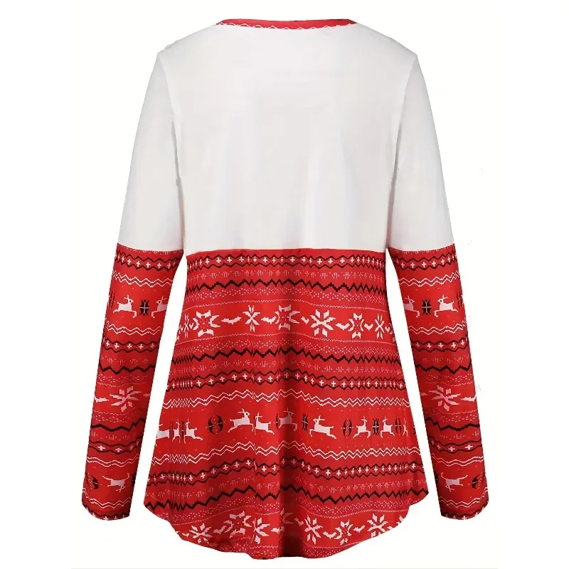 Damska koszulka plus size z długim rękawem, świąteczny wzór z reniferem, płatkiem śniegu i falistym geometrycznym wzorem, modna koszulka damska na jesień.