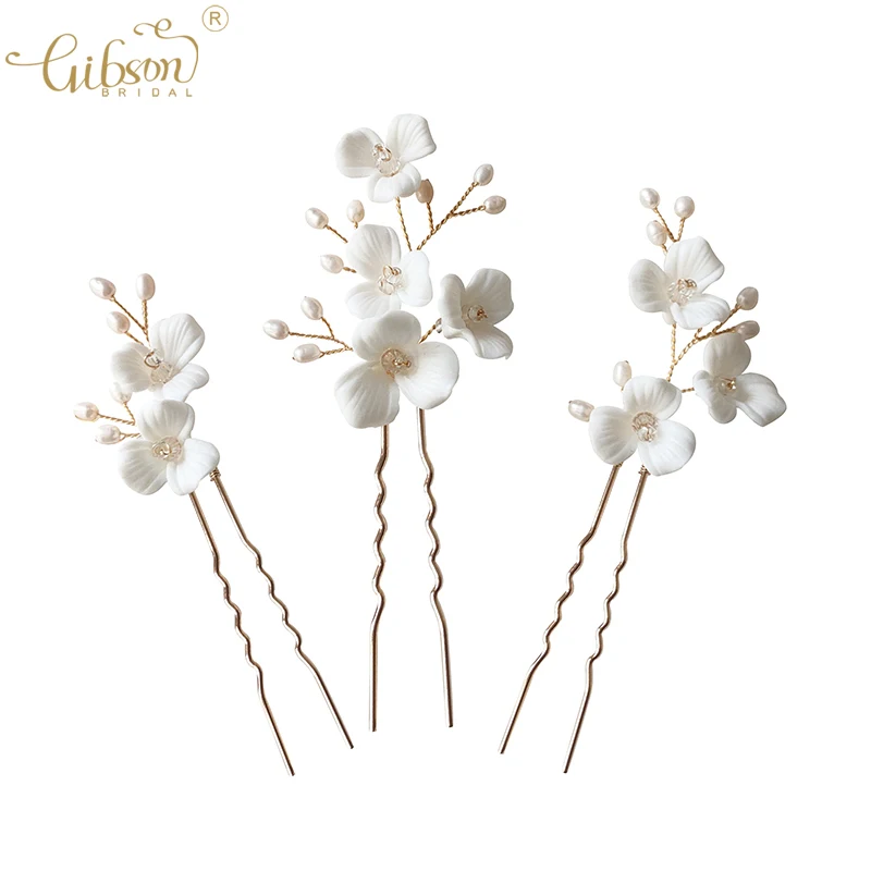 Lovely Handmade Freshwater Pearls Ceramic Flower Bridal Hair Pin Set Wedding Accessories Hair Jewelry With Porcelain Floral