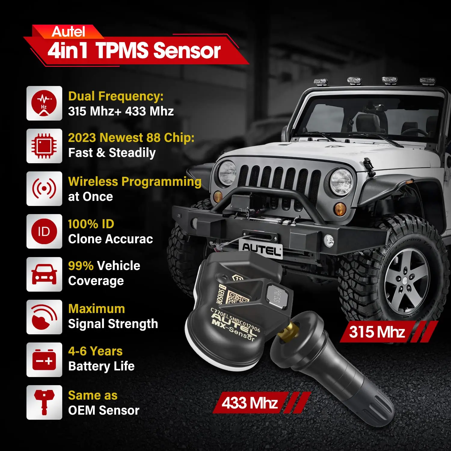 Autel TPMS Sensor MX-Sensor 2in1 315MHz + 433MHz Tire Replacement Sensor OE-Level Programmable & Cloneable TPMS Pressure Sensor