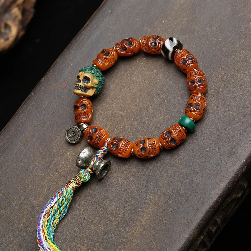 

Tibetan Returned Bone Carving Corpse Tattoo Skeleton Single-ringed Ware A Dull Agate Antler Roots Payment Accessories Bracelet