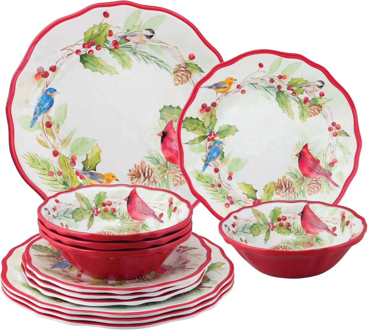

ware 12 Piece Winter Birds Melamine Dinnerware Sets, Outdoor Dishes Set, Plates and Bowls Sets, Christmas Decorations, Service f