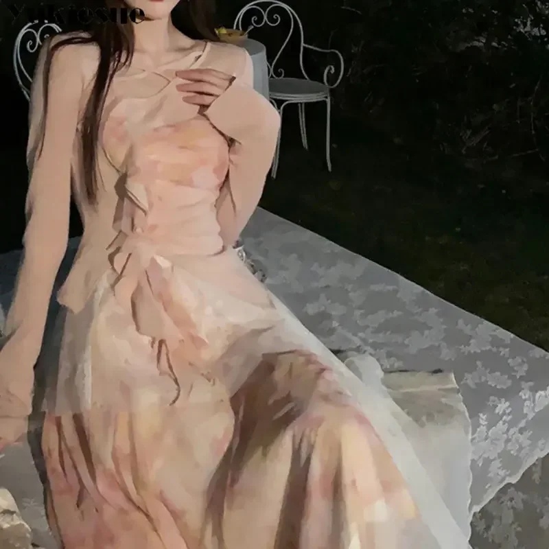 

Летнее модное французское повседневное женское летнее новое элегантное платье принцессы с оборками для выпускного вечера с принтом, женский дизайн, универсальное