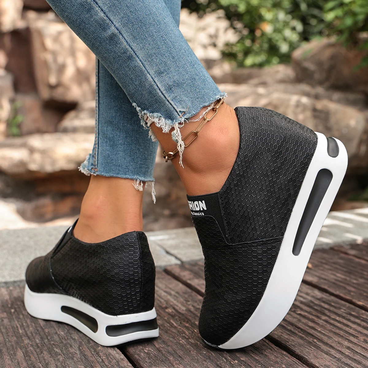 Damen-Sneaker mit verstecktem Absatz zur Erhöhung der Körpergröße, atmungsaktives Mesh, Slip-On-Plattform, lässige Alltagsschuhe zum Gehen. – Detail 8