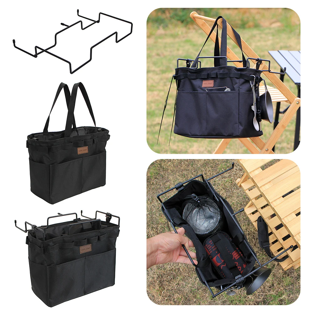 Camping Table Side Storage Bag Multifunctional Folding Canvas Bag with Hook Outdoor Picnic Desk Cookware Hanging Large Capacity