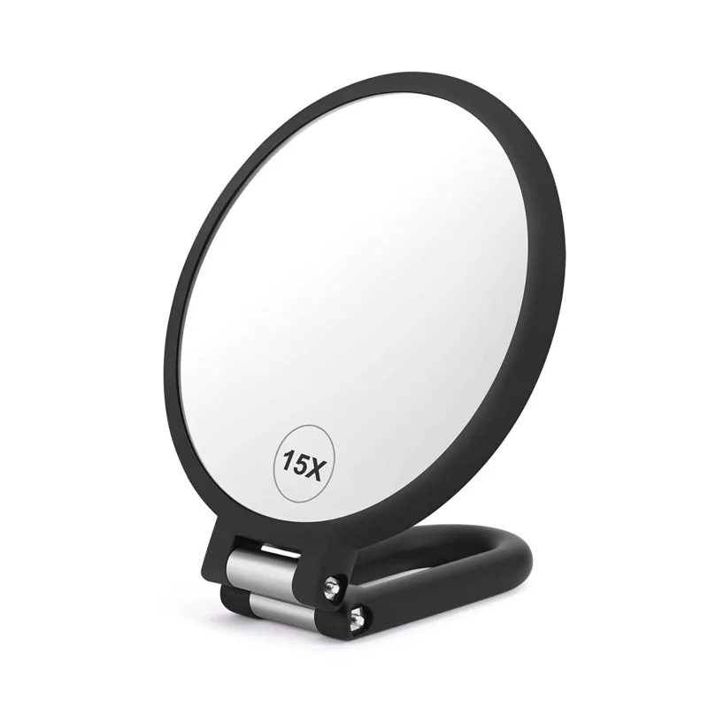 Magnifying Handheld Mirror Double Sided, 1 x 15x Magnification Hand Mirror, Travel Folding Stand Adjustable Dressing Table