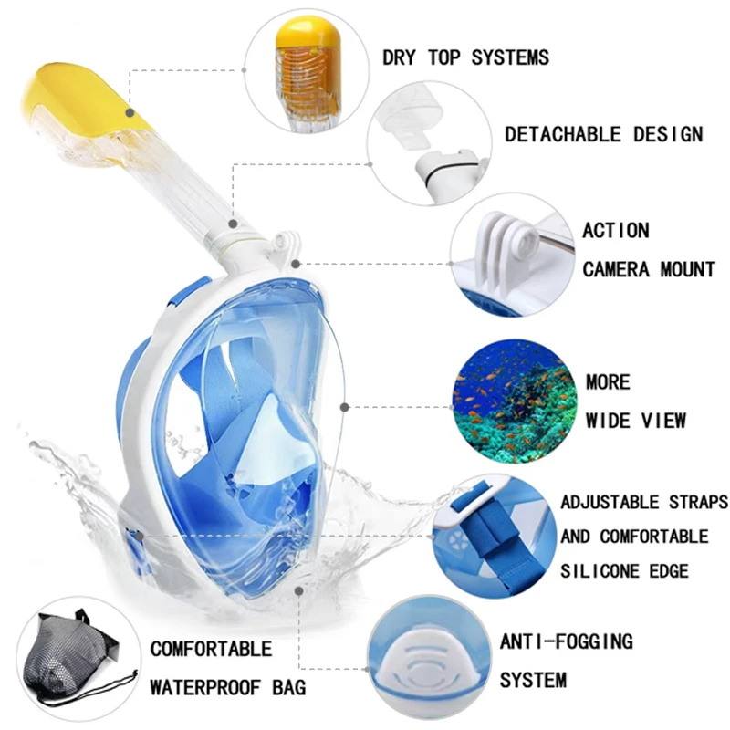 大人と子供のためのスキューバダイビングマスク,フルフェイスマスク,改良された呼吸システム,パノラマ