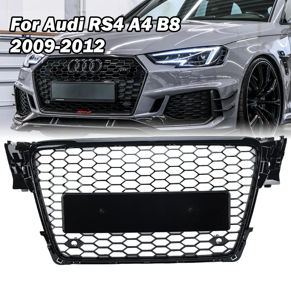 Compatible for Audi RS4 A4 B8 2008-2012 EU Front Bumper Grill Center Grille ABS Replace Honeycomb Mesh Racing Grills 8K0853651