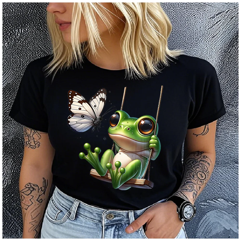 men Women's Cotton 100%  frog on the swing Print T-shirt Loose round Neck Casual Short Sleeve Fashion Top  Clothing Summer