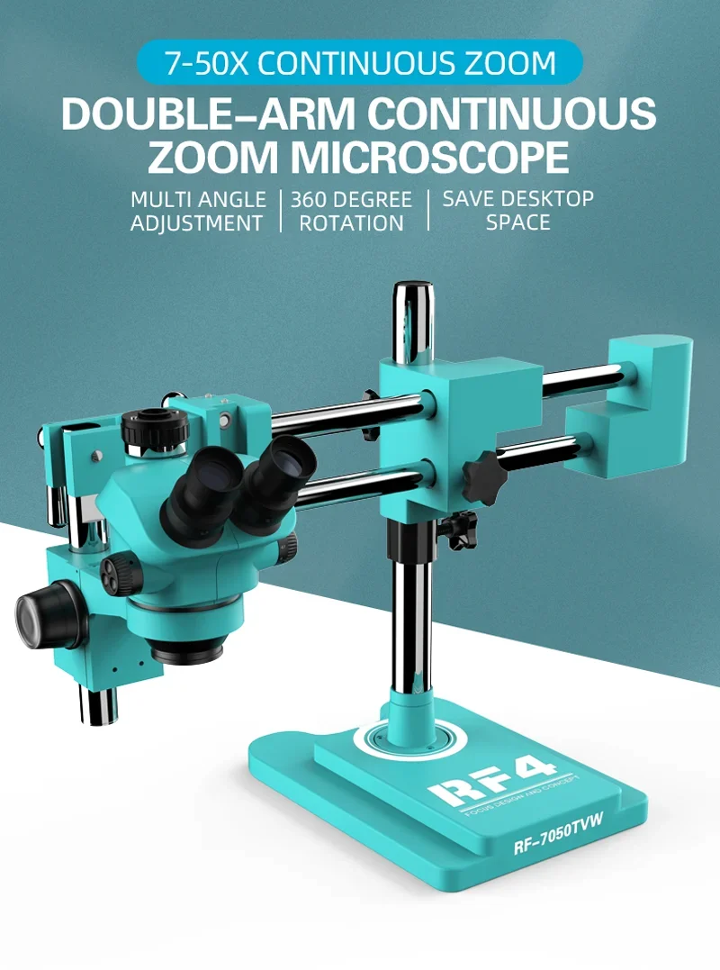 RF4 Double Boom Bracket Arm 7-50X Zoom Industry PCB Soldering Lab Detection Simul Focal Trinocular Stereo Microscope RF7050TVW