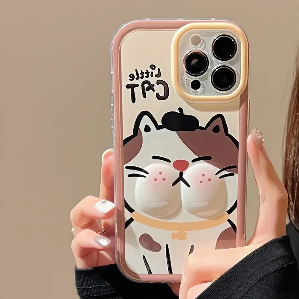 Cartoon Lovely Fat Cat Painter Phone Case for IPhone16 15 14 12 13 11 Pro ProMax Mini Plus X XR Shockproof Phone Cover