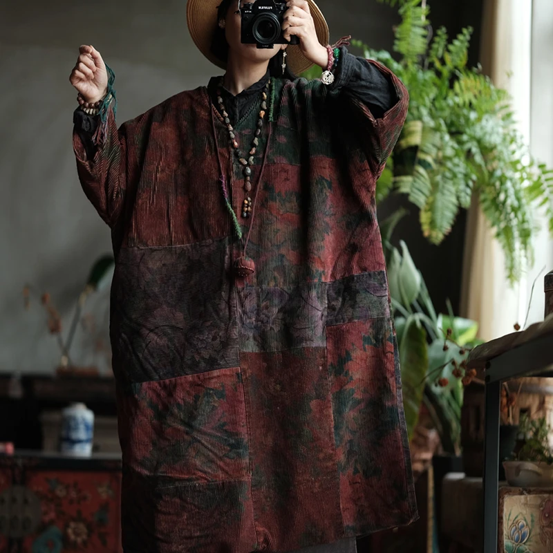 100% Cotton Women Thick Warm Casual Dress New Arrival 2025 Autumn Vintage Style V-neck Print Loose Female Long Dresses M2059