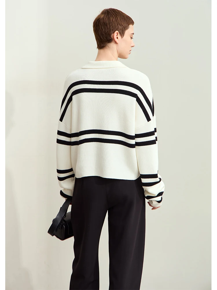 Amii Minimalism 2024 Autumn Striped Sweaters For Women New Lapel Letter Embroidery Spliced Loose Drop Sleeve Short Tops 12453056