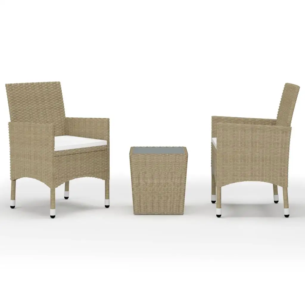 3-Piece Beige Bistro Set with Poly Rattan & Tempered Glass - Perfect Outdoor Dining Furniture