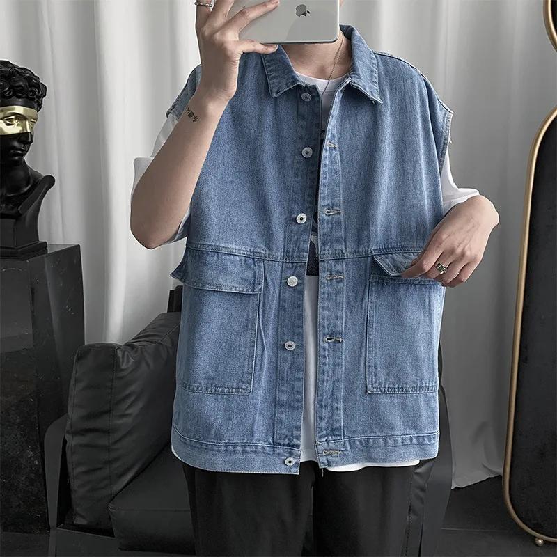 

Men's Spring Autumn Strapless Denim Jacket Korean Fashion Loose Sleeveless Work Cowboy Vest