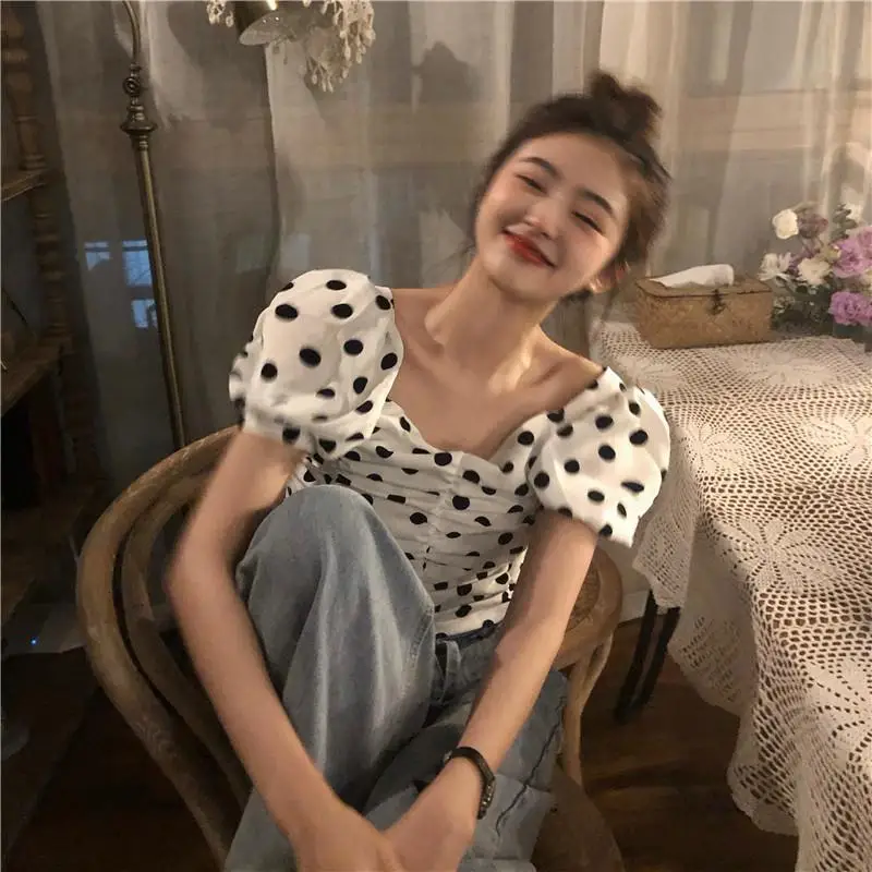 French Square Neck Slim Fit Bubble Sleeve Shirt for Women's Summer Vintage Black and White Polka Dot Short Sleeved Top