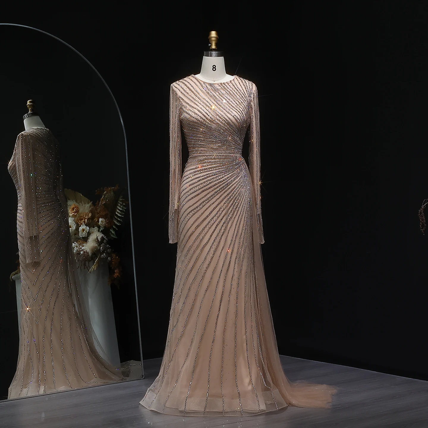 Sharon Said Luxuriöses Graublaues Meerjungfrauen-Abendkleid mit Seitenrock in Roségold für Damen, Hochzeitsfeierkleid 2026 SS113 Maßanfertigung – Detail 5