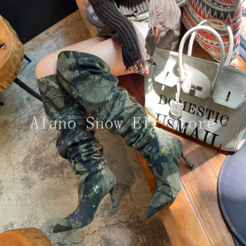 2024 Pointed 8cm High Heel Boots Fashion Print Camo Over Knee Boots New Grey Folding Knee Design Women's Boots 34-42