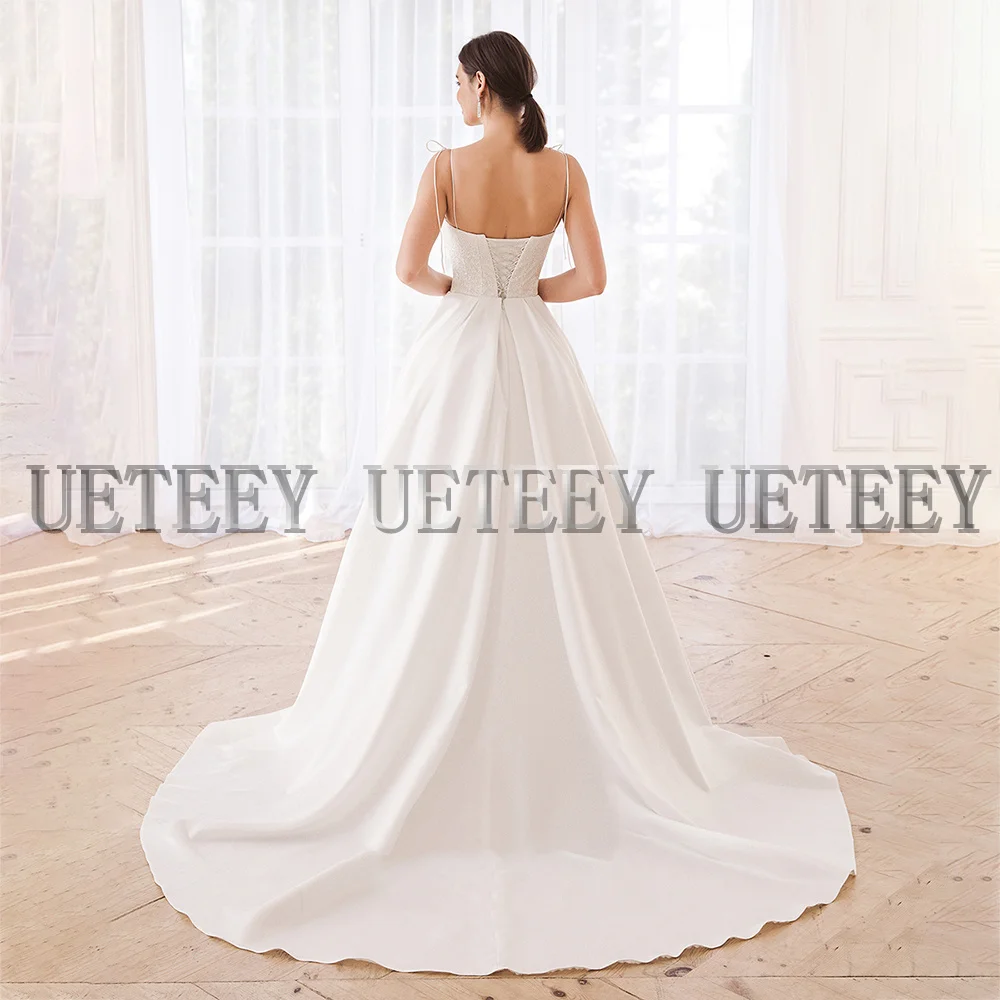 Ueteey elegant a-line vestido de casamento cinta de espaguete sem mangas rendas até atrás varredura trem vestidos de noiva starpless 2022